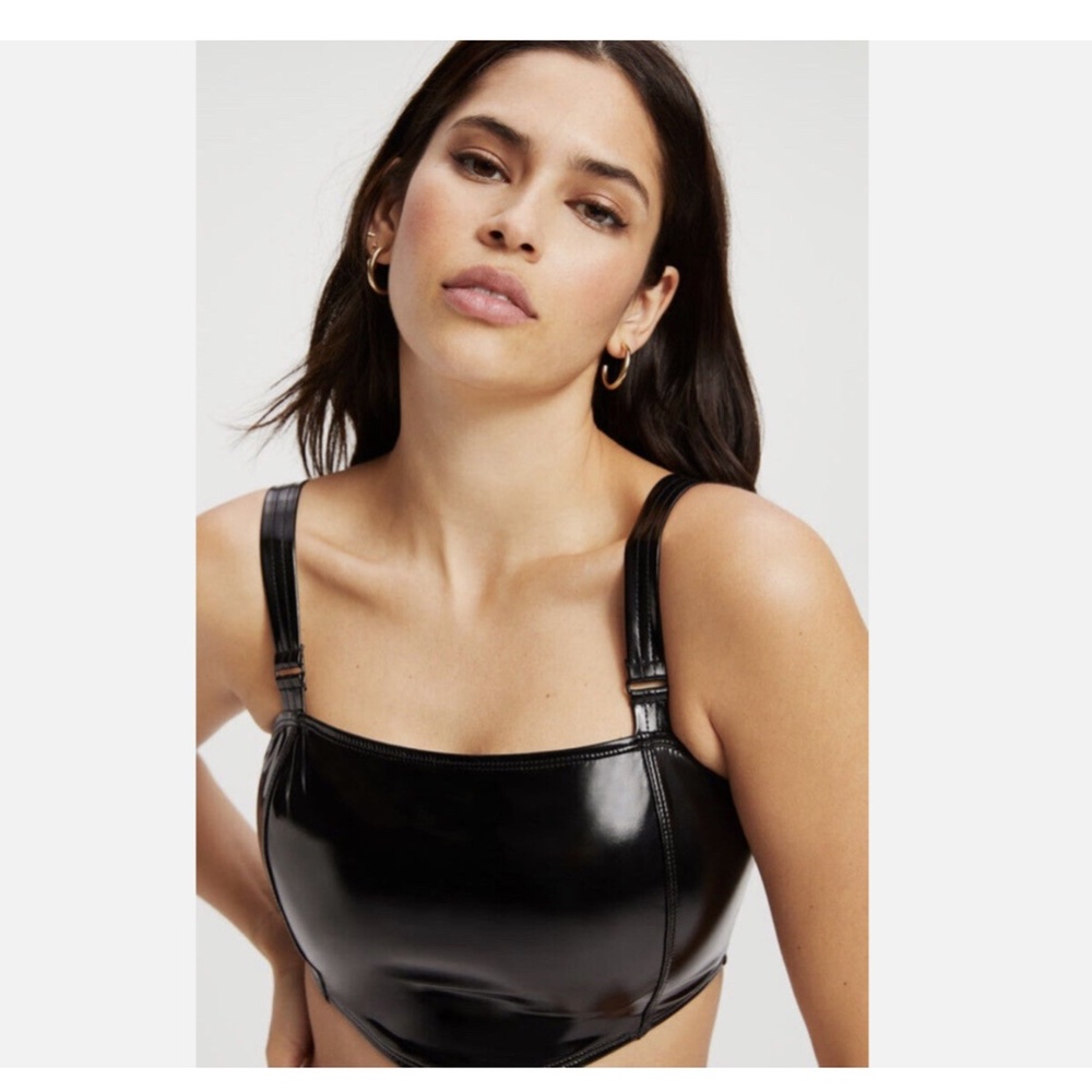 Good American Contour Vinyl Crop Top Black Faux Patent Leather Size 3